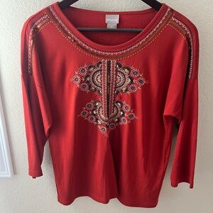 Chico's Vibrant Red Embroidered Long Sleeve Top